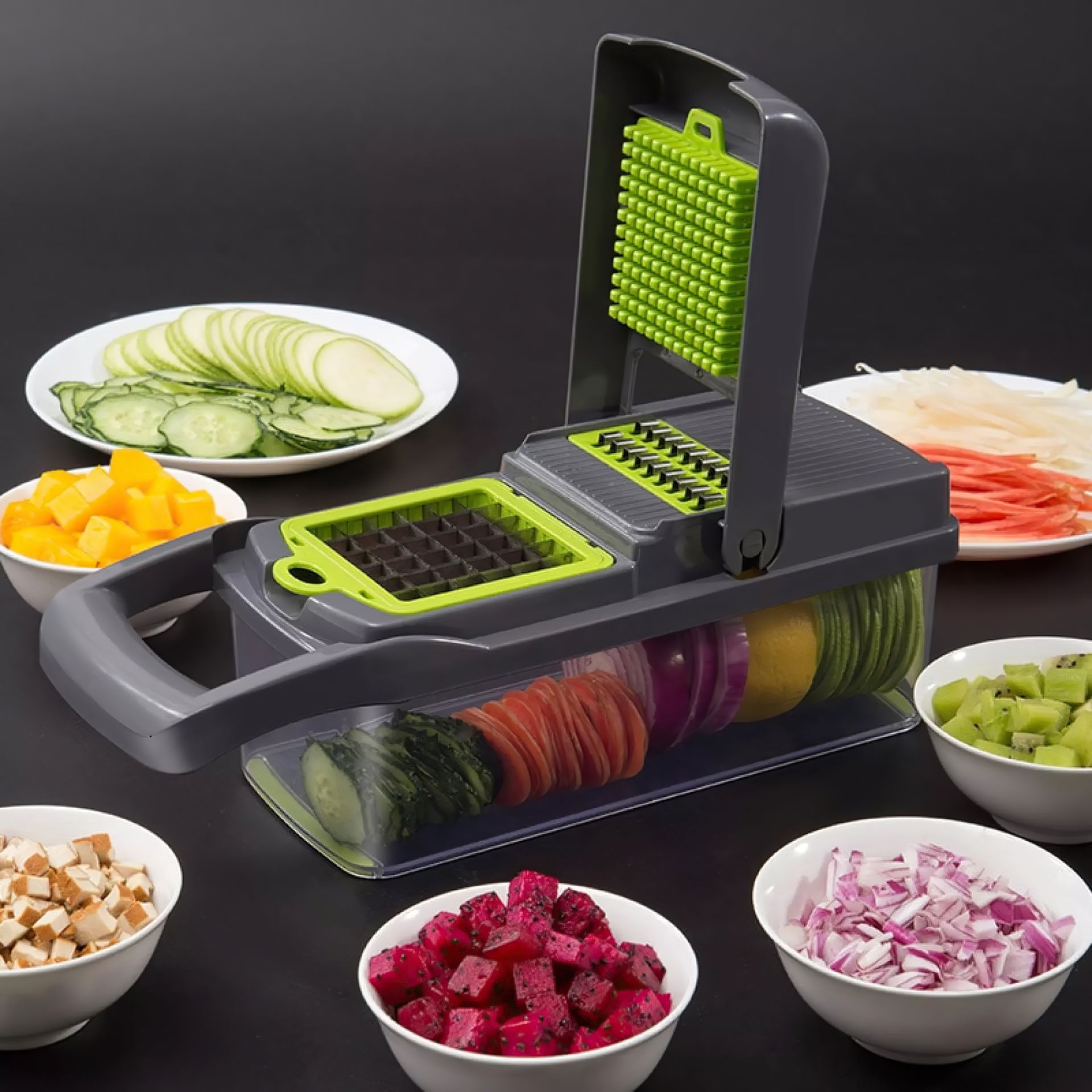 Багатофункціональна овочерізка з контейнером Veggie Slicer 14 в 1 подрібнювач з 8 насадками, овощечисткою та ситом для яєць