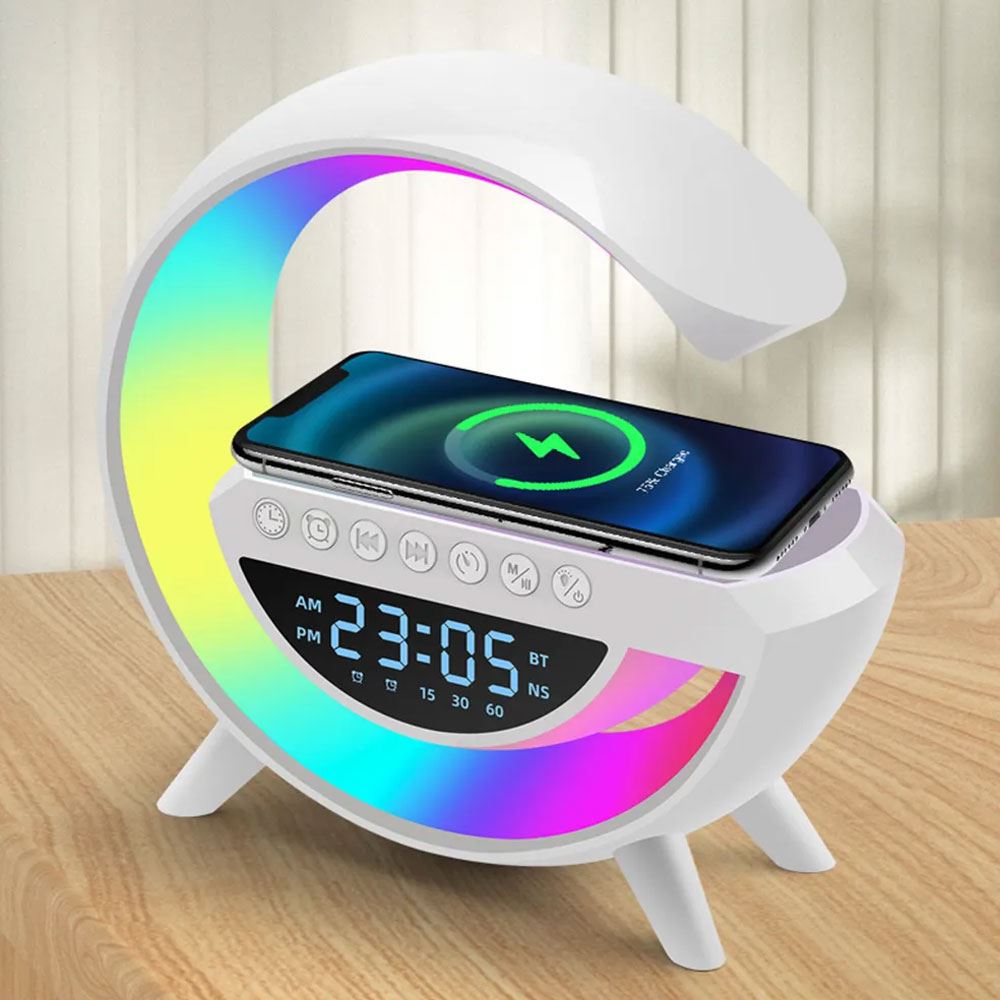 Настільна лампа, нічник KP-3401 RGB 4-in-1 Rainbow з бездротовою зарядкою, bluetooth колонкою та годинником (626)