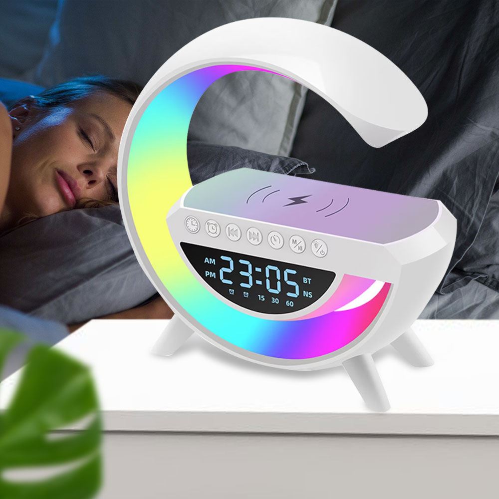 Настільна лампа, нічник KP-3401 RGB 4-in-1 Rainbow з бездротовою зарядкою, bluetooth колонкою та годинником (626)